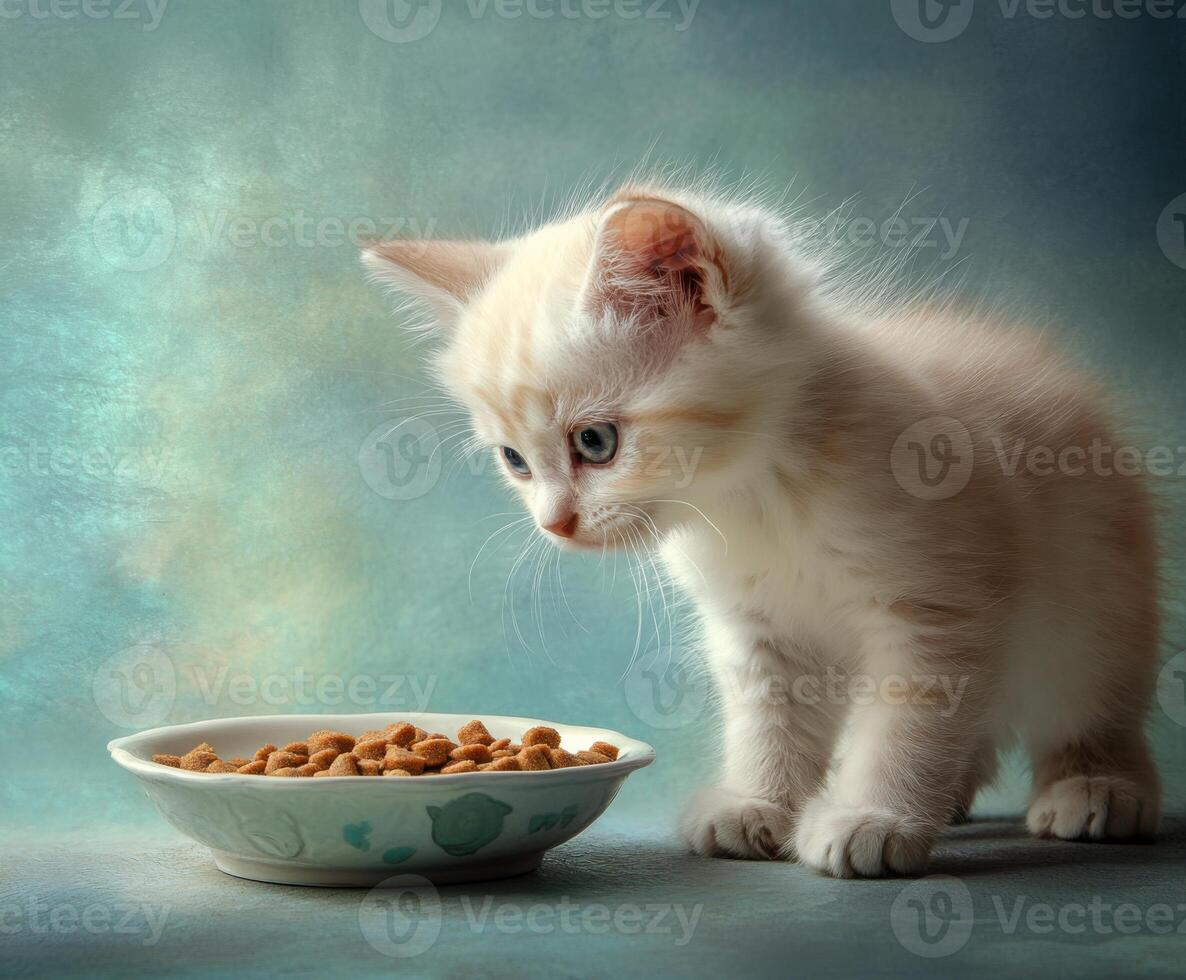 Curious kitten examines bowl of dry cat food on textured background in soft lighting photo