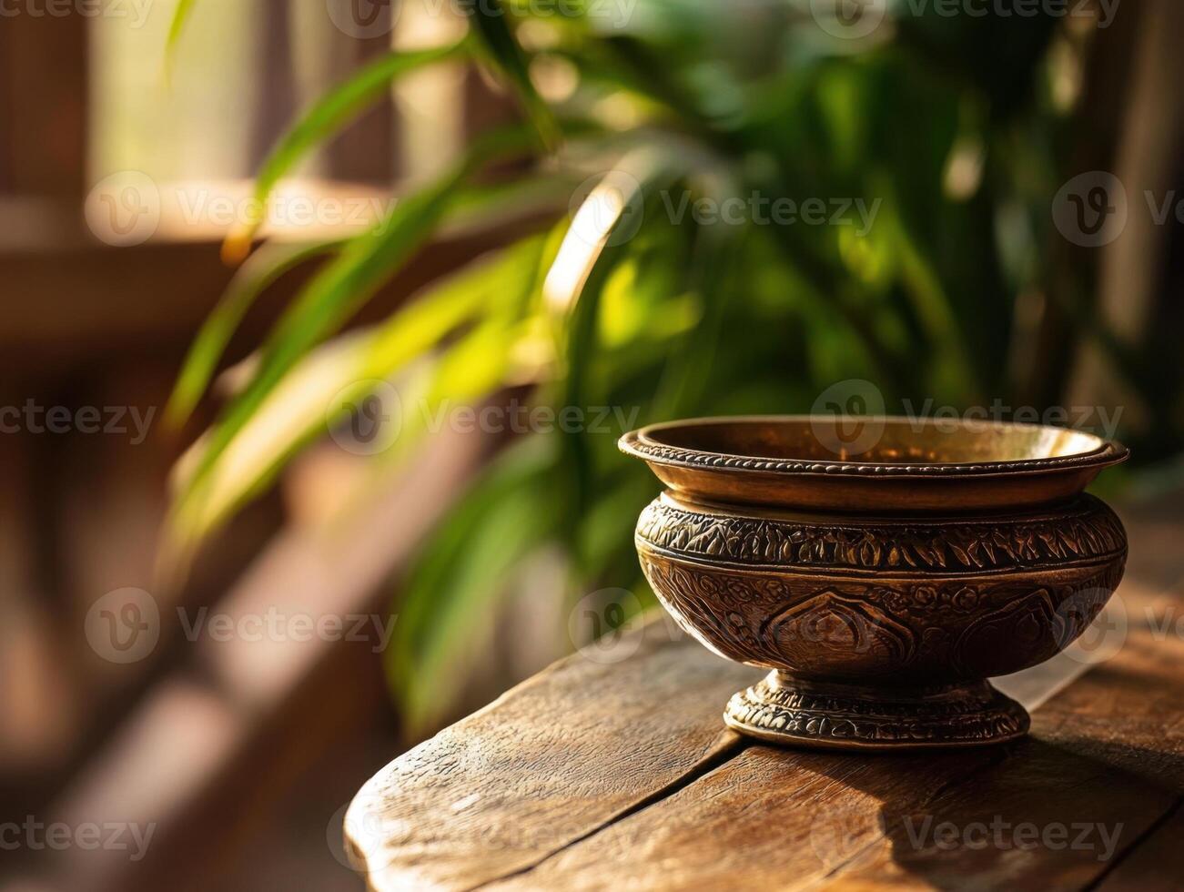 Decorative bowl rests on a wooden table bathed in warm sunlight near lush green plants photo