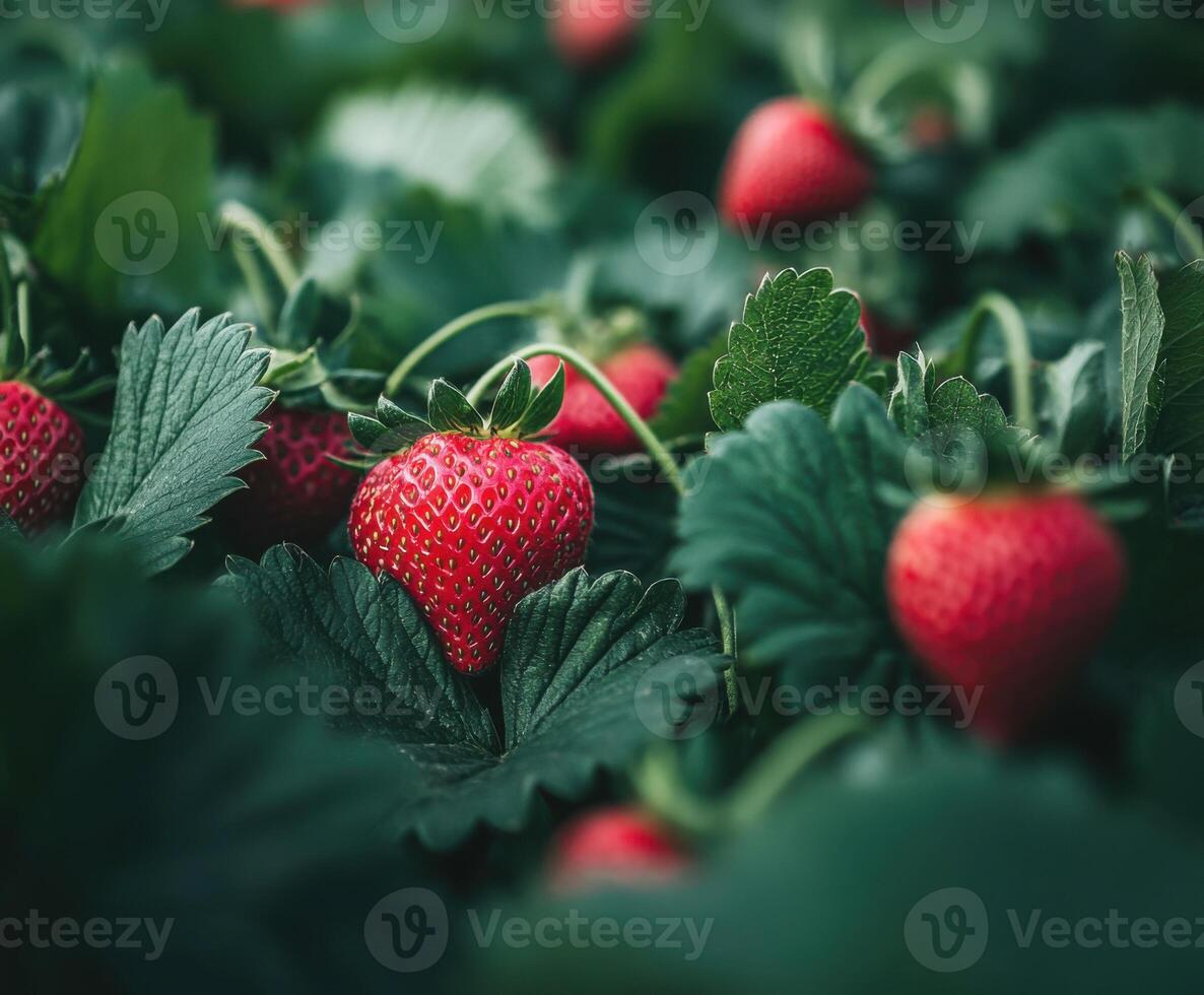 Fresh strawberries grow in a vibrant green field under soft sunlight during early summer photo