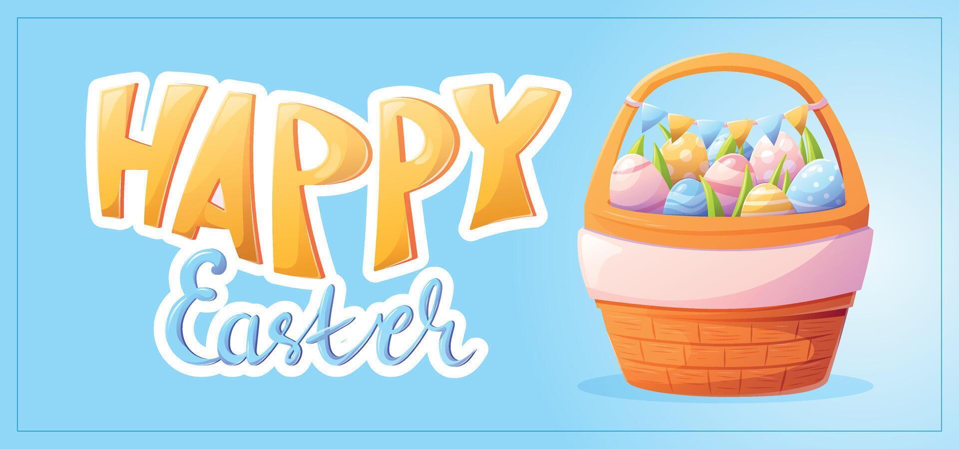 Bright festive cartoon banner with text Happy Easter. Horizontal blue background with wicker handmade traditional basket full of decorated Easter eggs. vector