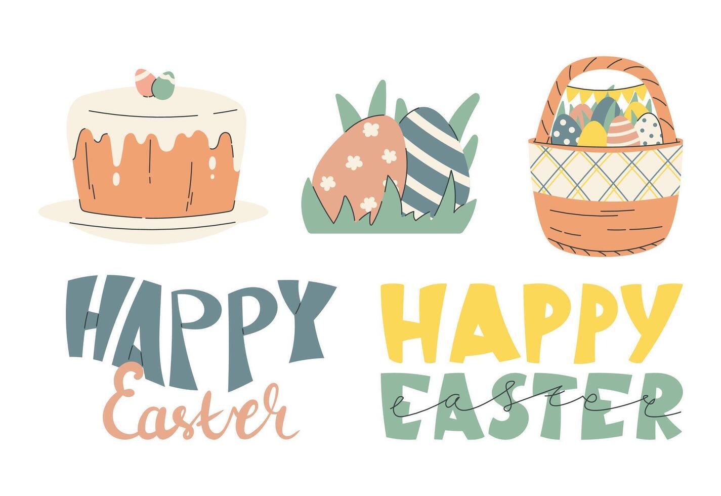 Flat Easter illustration set with festive isolated elements. Cute pastel clipart featuring Easter cake, decorated eggs in grass, a basket with eggs, and lettering in modern hand-drawn style. vector
