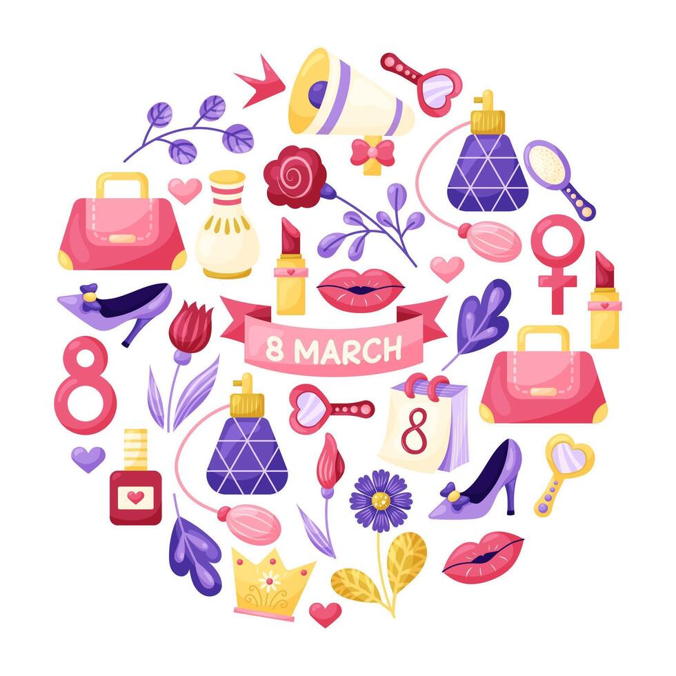 March 8 Women's Day round Illustration Set. Elements for design on white background. Isolated illustration. vector