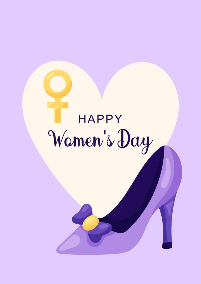 Happy Women's Day Card with heart and Heeled Shoe. Simple cute greeting card in purple tones. illustration. vector
