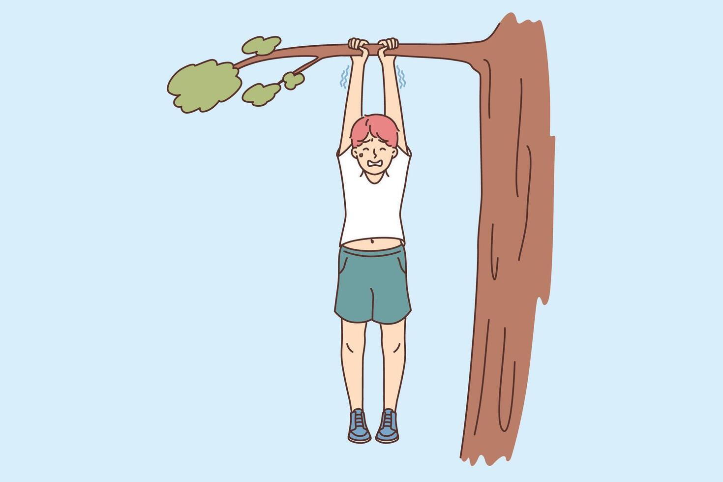 Boy risks falling from tree, hangs on branch and holds on with all strength due to carelessness vector