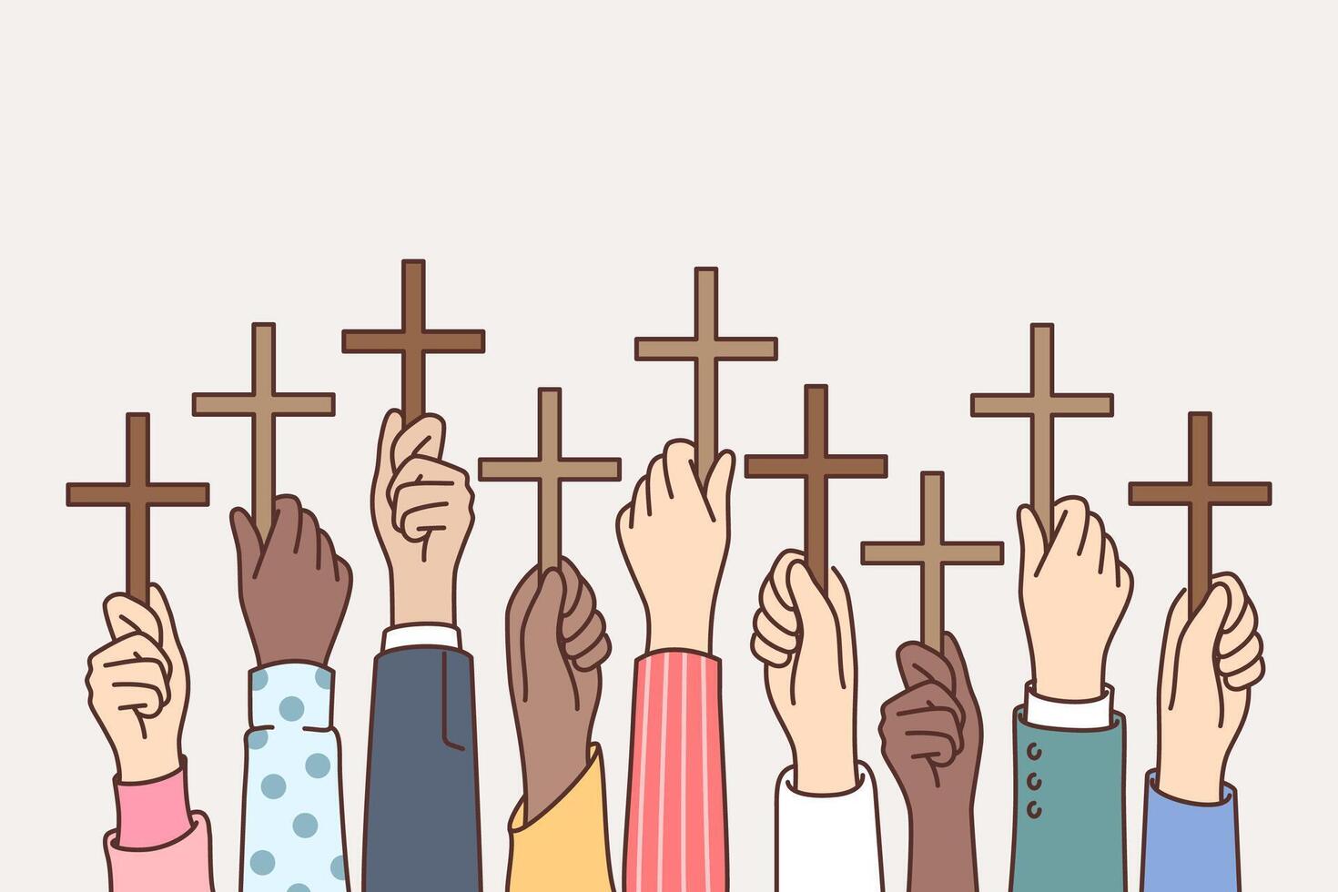 Hands of religious christians with religious crucifixes or crosses symbolizing faith in catholicism vector