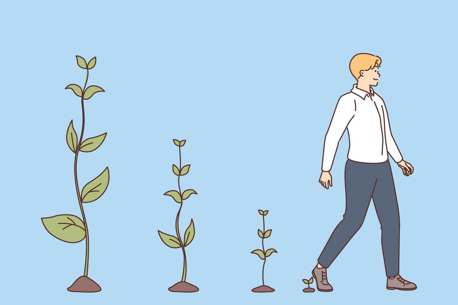 Environmental responsibility demonstrated by business man moving forward and leaving plants behind vector