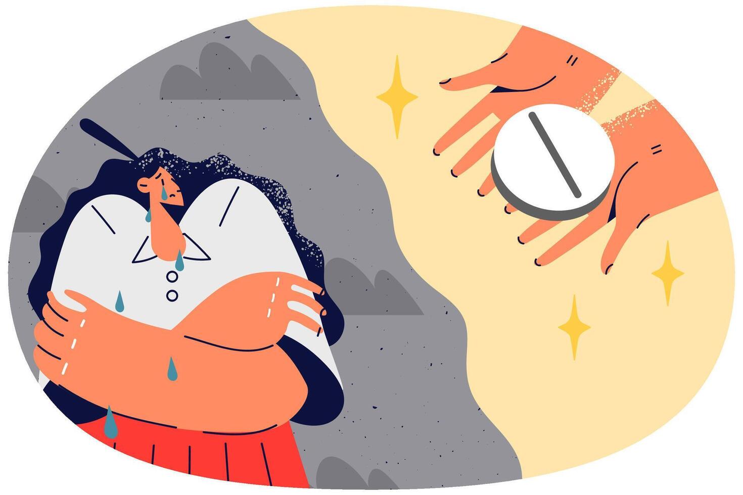 Stressed woman scared of pill vector