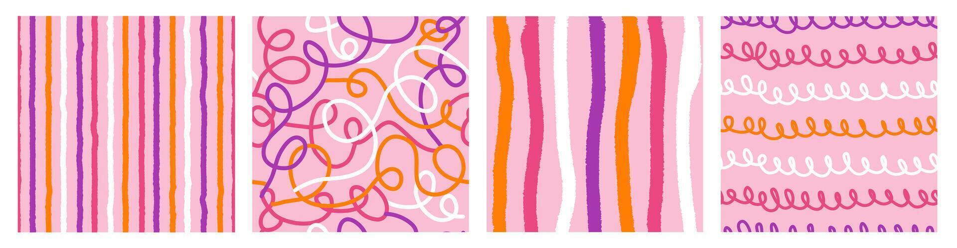 Colorful seamless pattern set of hand drawn curved lines, dots and texture strip. Trendy design with abstract shapes, simple and playful doodle wallpaper print vector