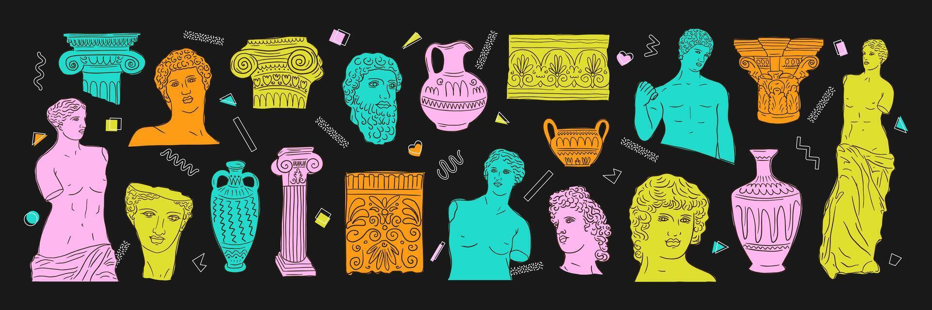 Greek ancient art set, various antique statues, sculptures. Heads, vase, body. hand drawn illustrations, stickers in trendy modern style vector