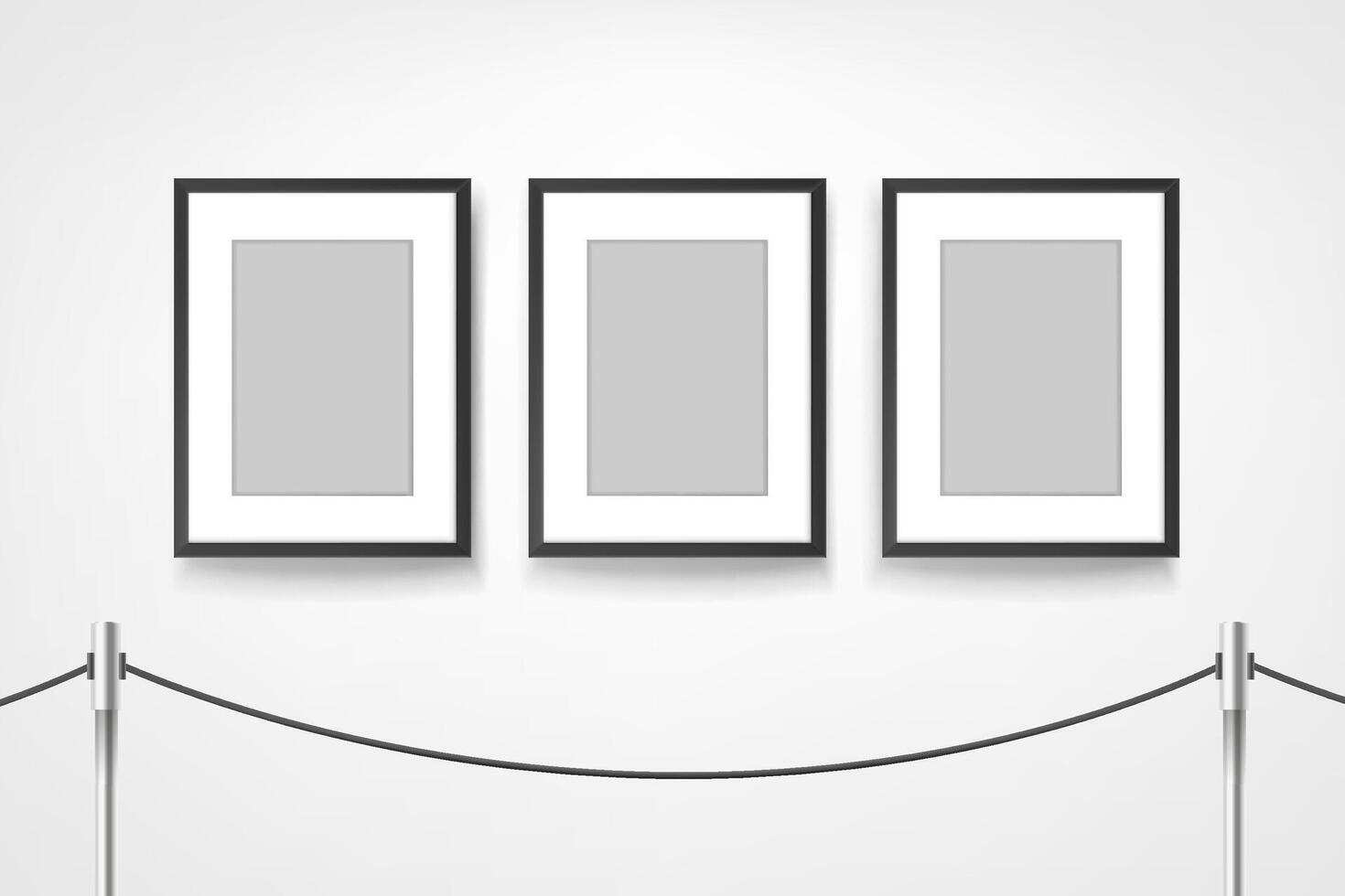 Three portrait frames in white interior. 3d mockup vector