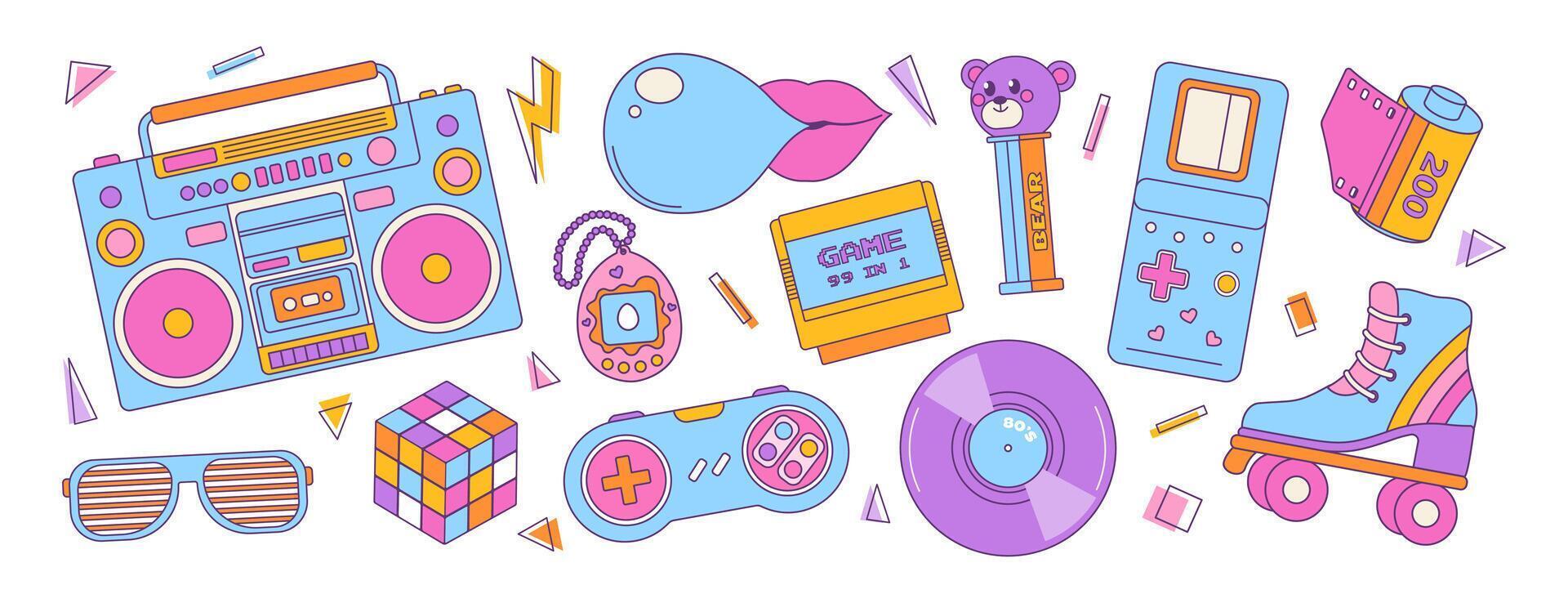Set of colorful elements 80s 90s, retro badge, emblem, fashionable patch. Game, sunglasses, boombox and roller. trendy illustration vector