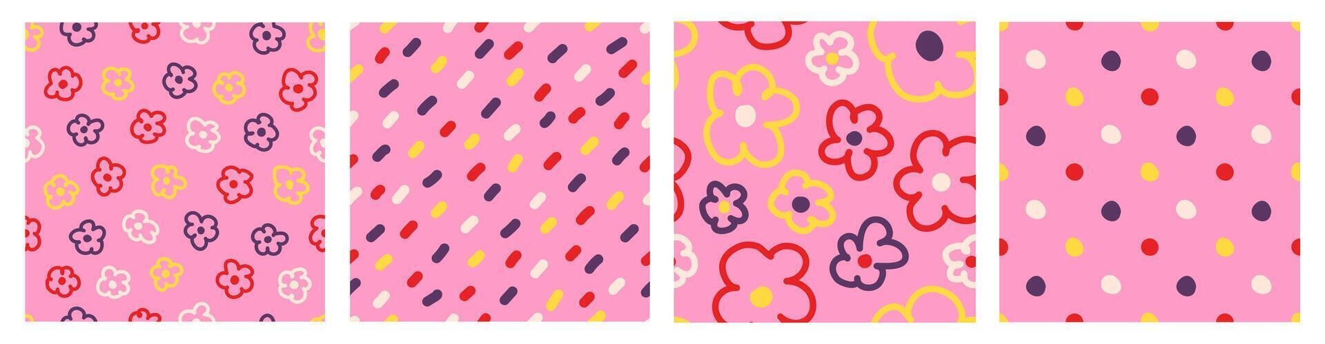Colorful seamless pattern set of hand drawn lines, flowers and dots. Trendy design with abstract shapes, simple and playful doodle wallpaper print vector