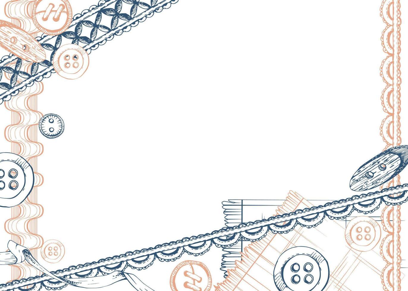 Fabric scissors snaps, wooden buttons ribbon lace, indigo beige. Hand drawn ink illustration sewing craft supplies. Frame isolated on white background. Design atelier, tailor, hobby shop vector