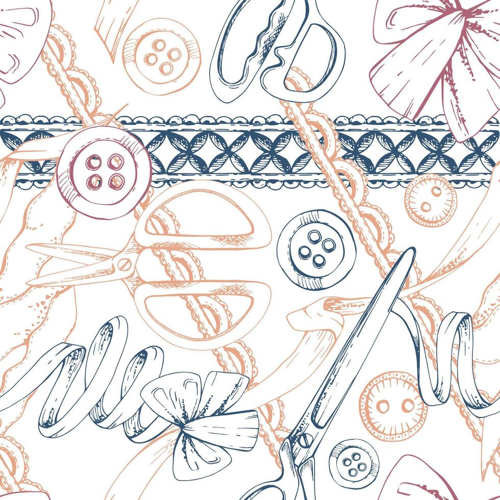 Fabric scissors snaps, wooden buttons ribbon lace, indigo beige red. Hand drawn ink illustration sewing craft supplies. Seamless pattern isolated white background. Atelier, tailor, hobby shop vector