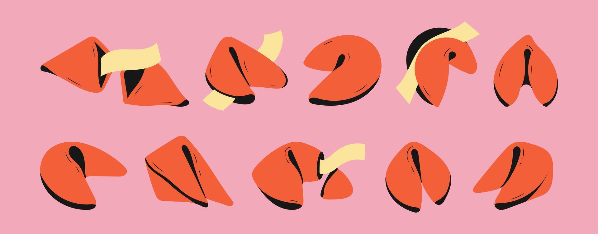 Set of fortune cookies with prediction paper. Traditional Chinese flowerless wisdom cookies. A fun lottery with a surprise in a crispy dessert. illustration retro style 80s vector