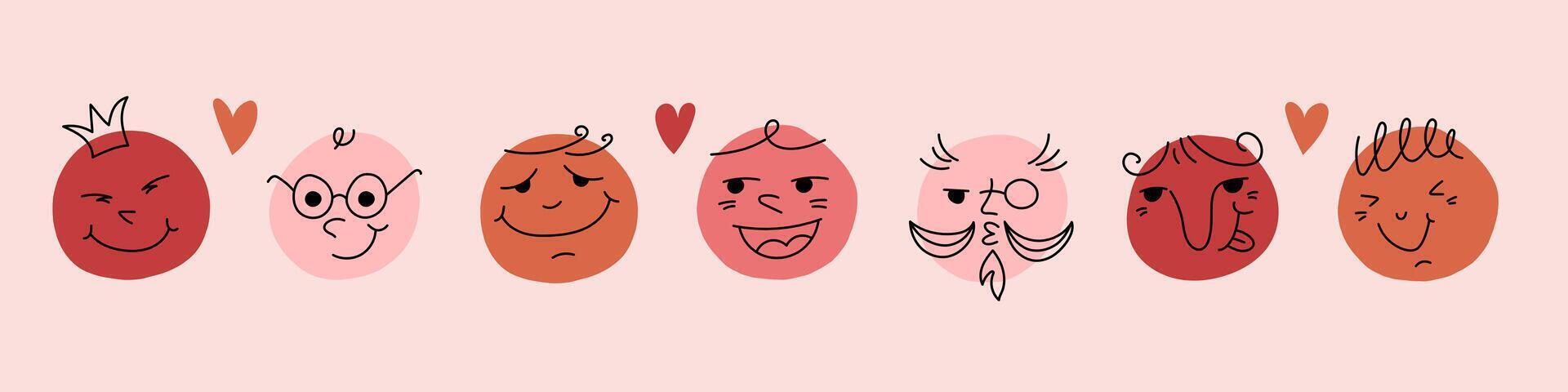 Doodle face set. Abstract comic smiling faces. Crayon drawing style. Different characters. Cartoon style. Flat design. Hand drawn trendy illustration. vector