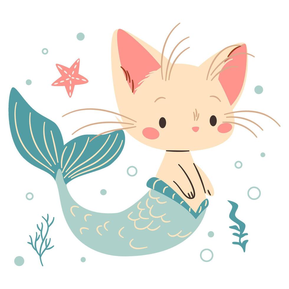 Cute mermaid kitten swimming in the sea. Flat illustration in a simple children's style vector