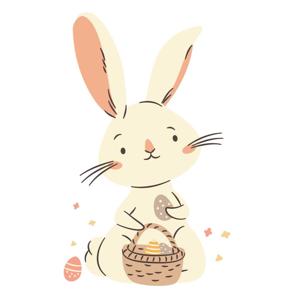Flat illustration in a simple children's style. A cute bunny holding a basket of Easter eggs vector
