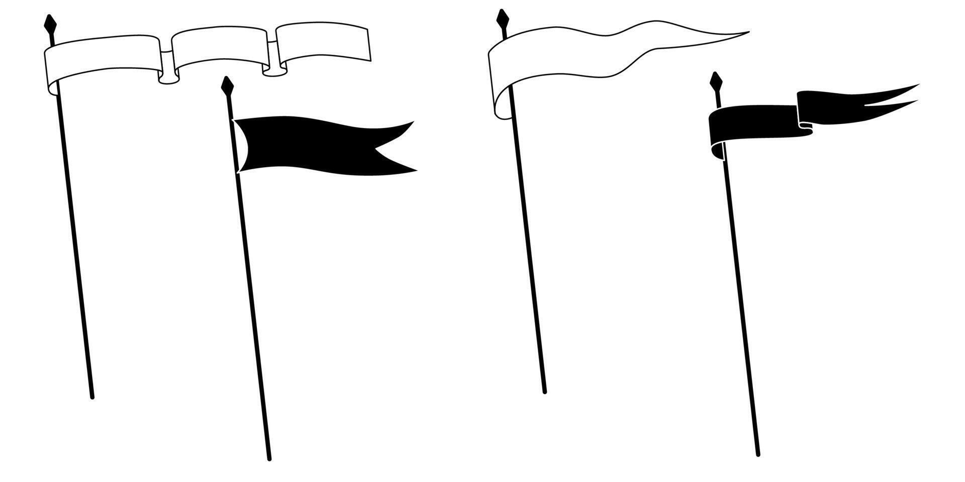 Retro pennant flags, banner pendants and waving blank signs on flagpoles, icon. Sport camp or university and varsity royal club pennant flags in white and black line outline or silhouettes vector