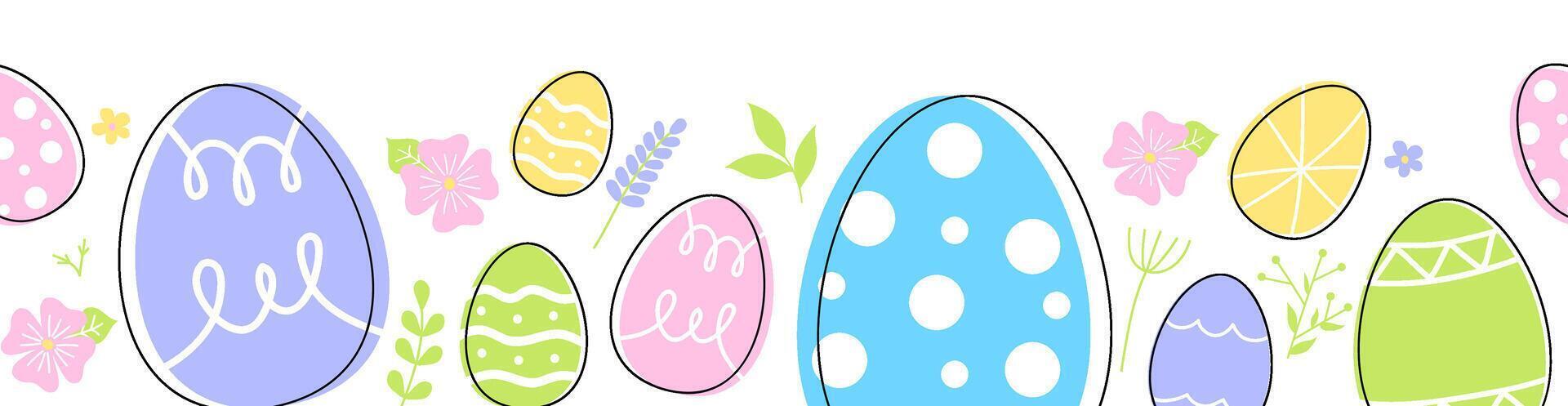 Easter eggs composition hand drawn black on white background. Decorative horizontal stripe from eggs with doodle leaves. vector