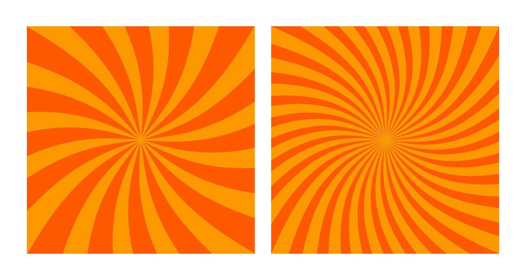 Set of Two Abstract Orange Spiral Patterns . Square Posters with Orange Shades Groovy Hypnotic Swirls, Retro Inspired Grunge Sun Bursts vector