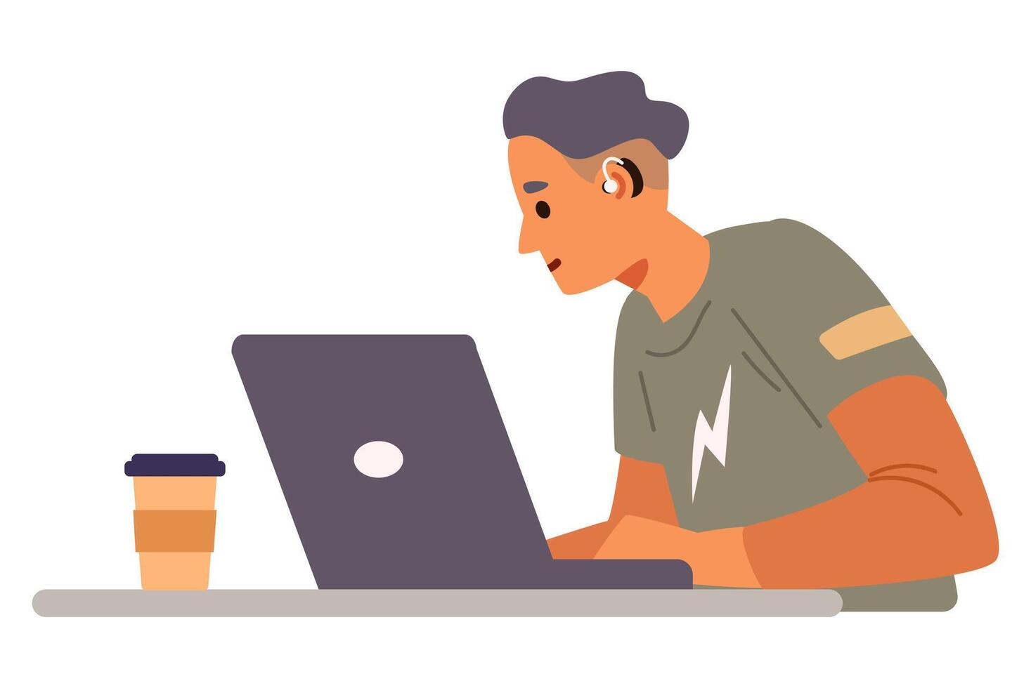 Young man with hearing aid working at laptop flat illustration isolated on white waist-high. Iclusive workplace concept. vector