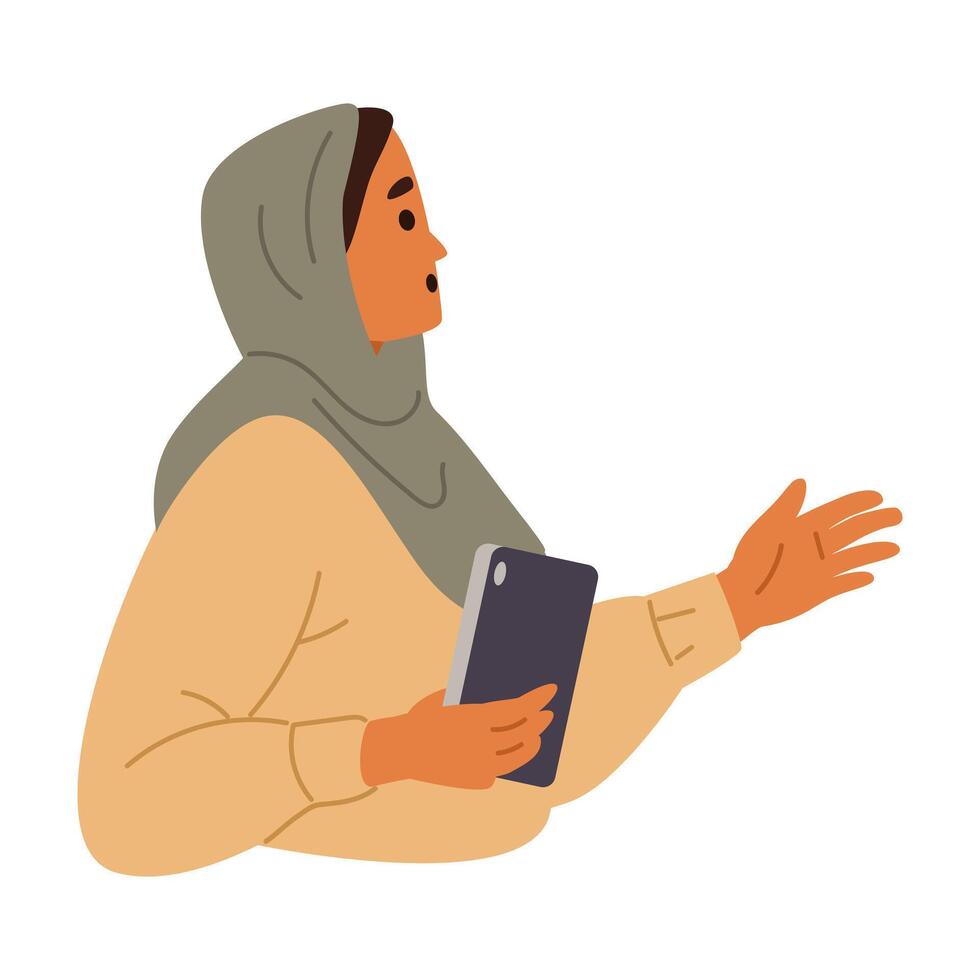 Arabian woman in hijab holding tablet portrait flat illustration isolated on white. vector