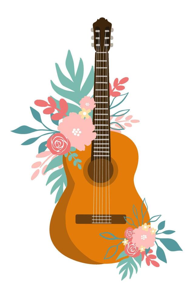 Illustration acoustic guitar with delicate flowers and leaves vector