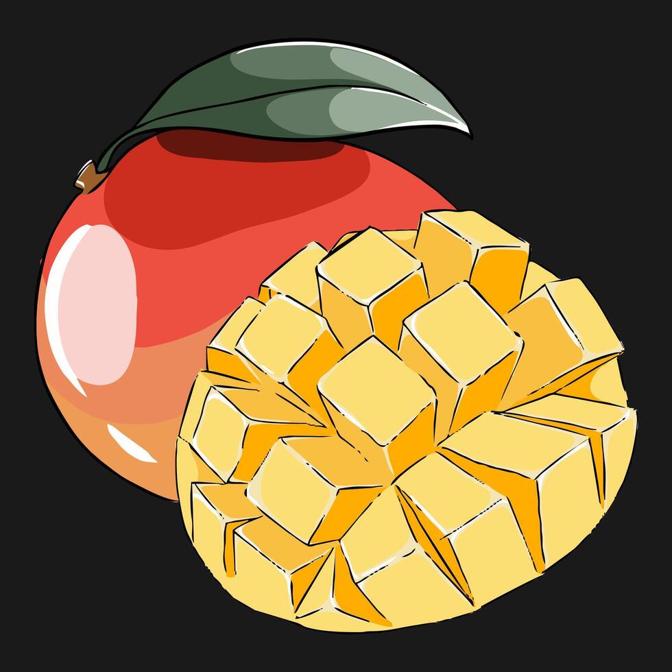 Vivid illustration of mango whole and in section vector