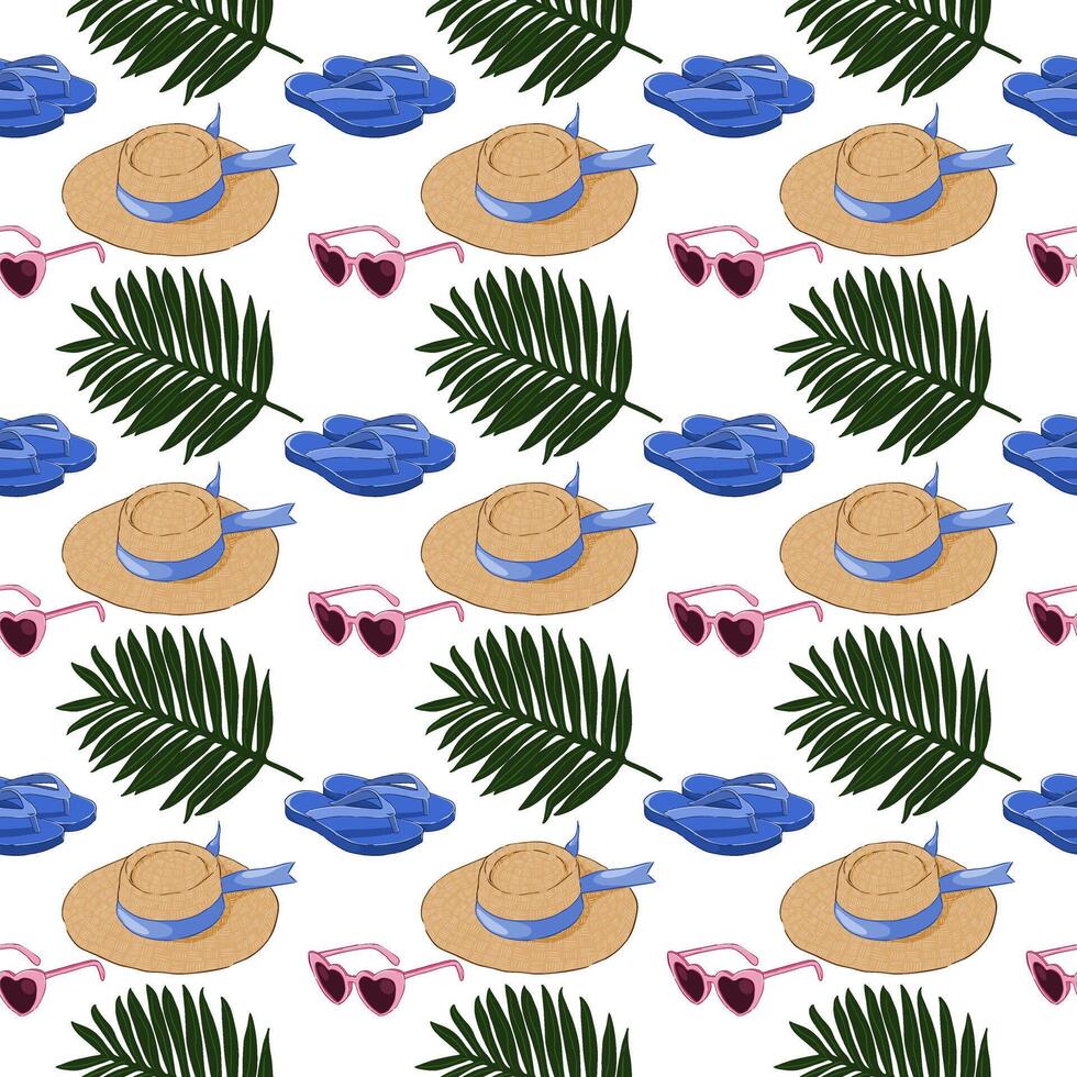 Pattern beach attributes and palm leaf vector