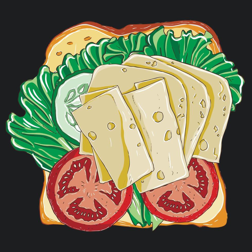 Sandwich with cheese and tomatoes and lettuce leaf vector