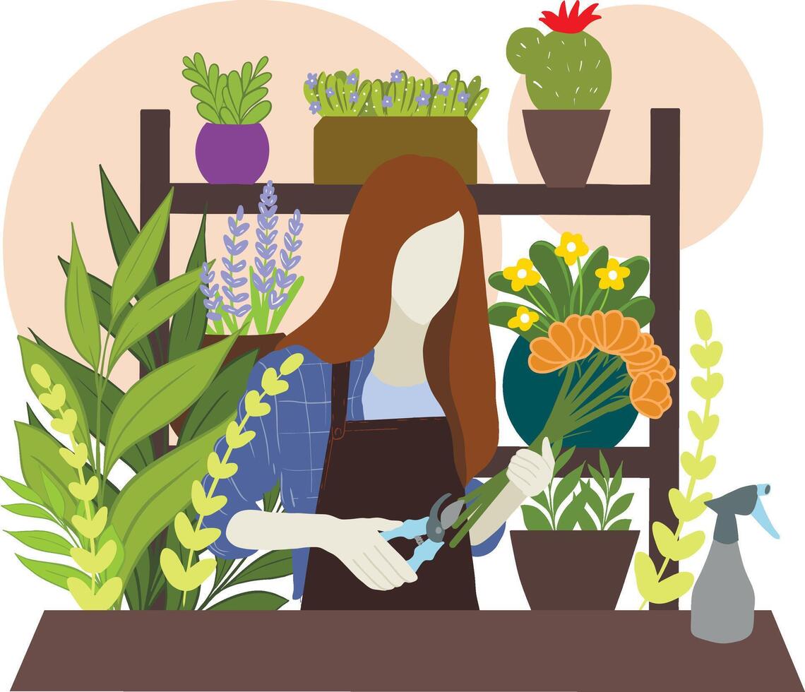 illustration florist works with flowers vector
