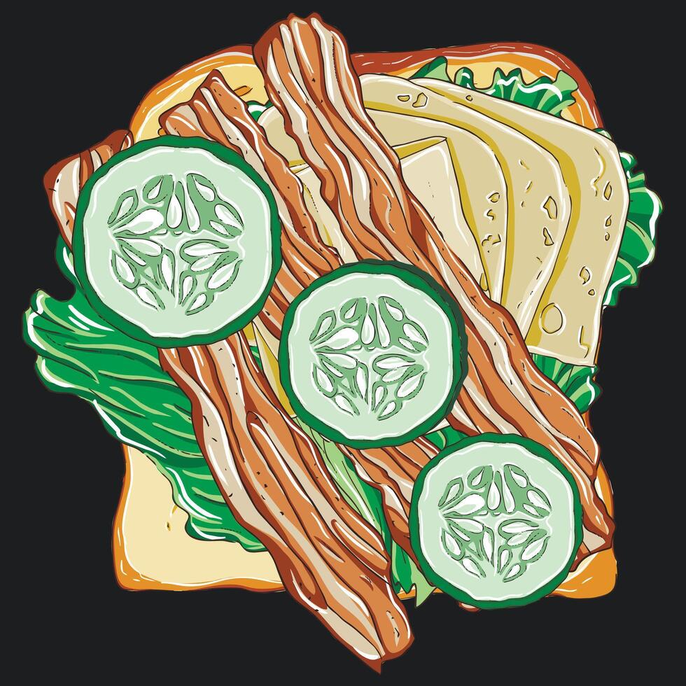 Sandwich with bacon, cheese and vegetables vector