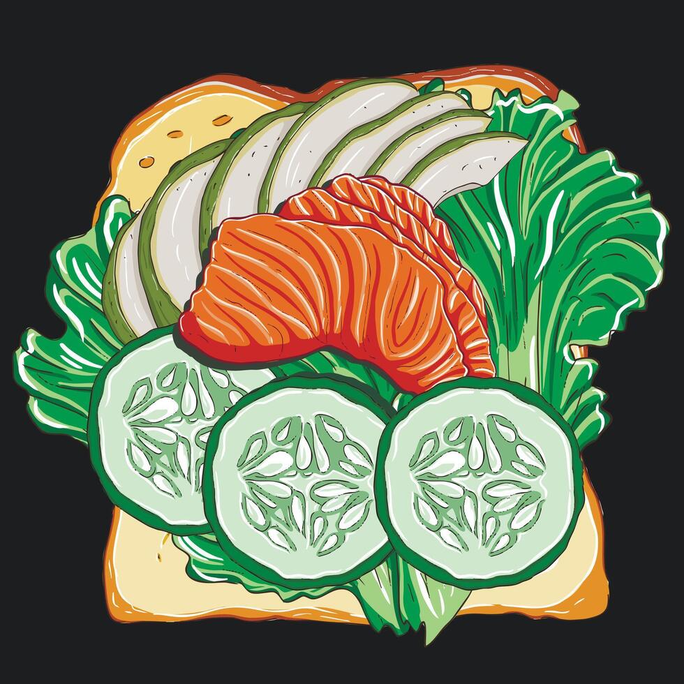 Sandwich with red fish, cucumber and lettuce leaf vector