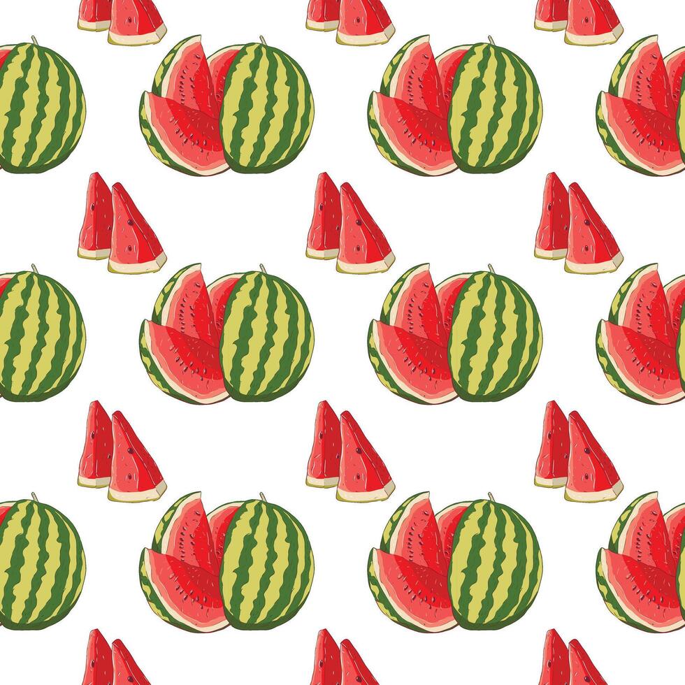 Pattern with the image of a whole watermelon and pieces vector