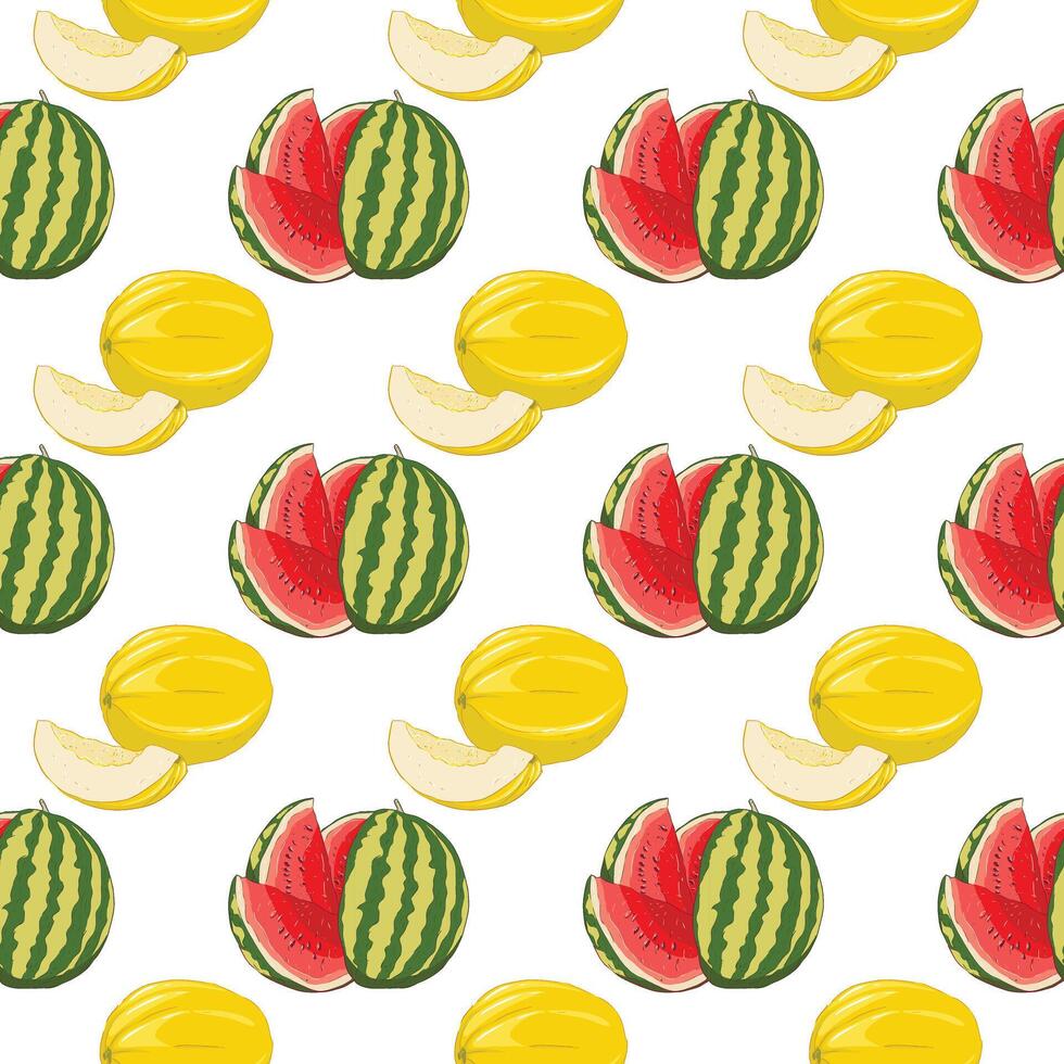 Melon and watermelon pattern pieces and whole fruits vector
