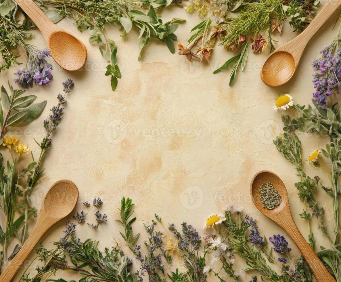 Fresh herbs and wooden spoons arranged on a surface for culinary preparation and decoration photo