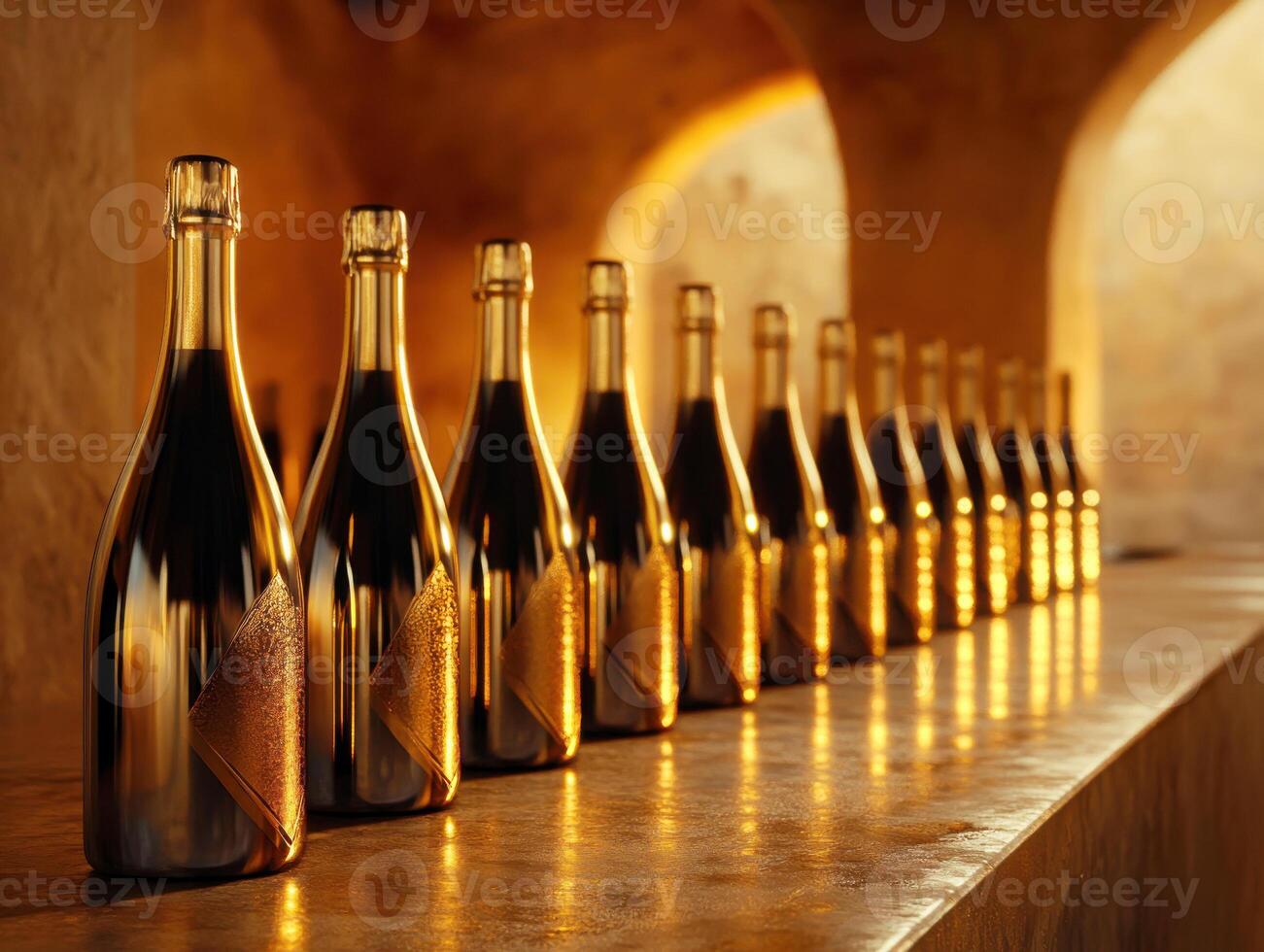 Champagne bottles lined on a wooden counter in a warm, ambient cellar setting during evening hours photo