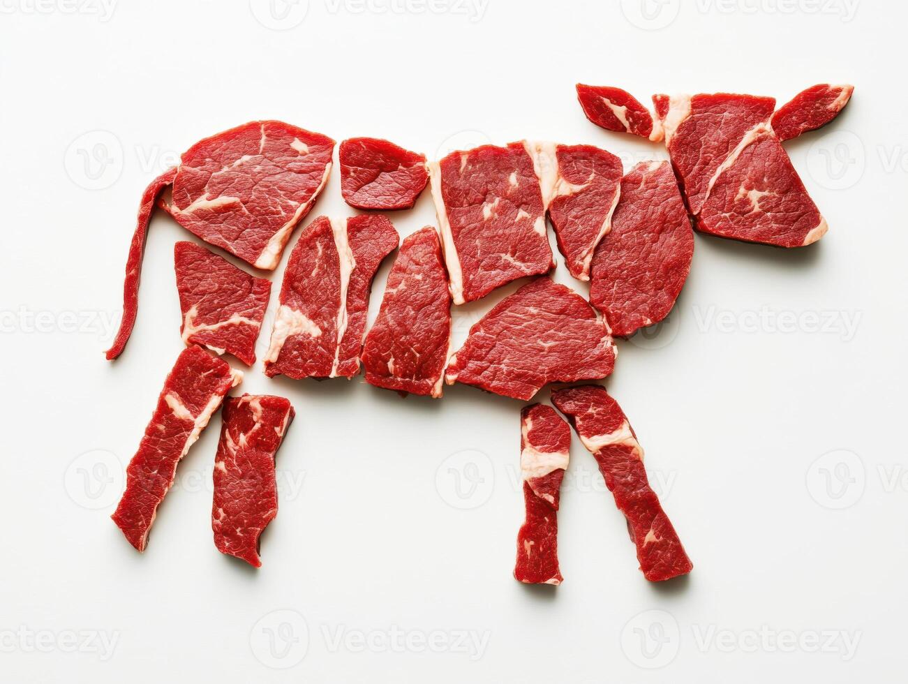 Creative arrangement of beef slices shaped like a cow on a white surface showcases culinary artistry and butchery techniques photo