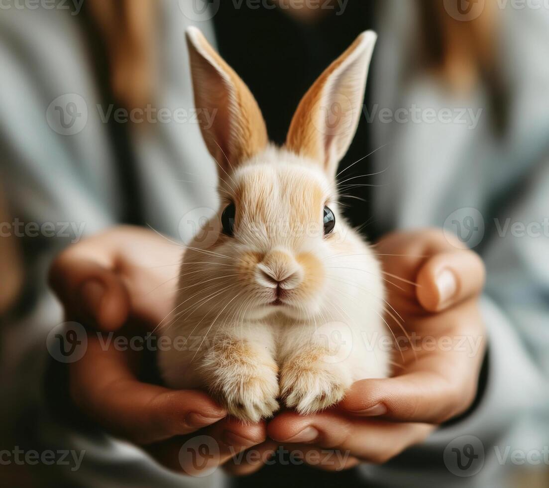 Cute rabbit being gently held in hands against a soft backdrop during a cozy indoor moment photo