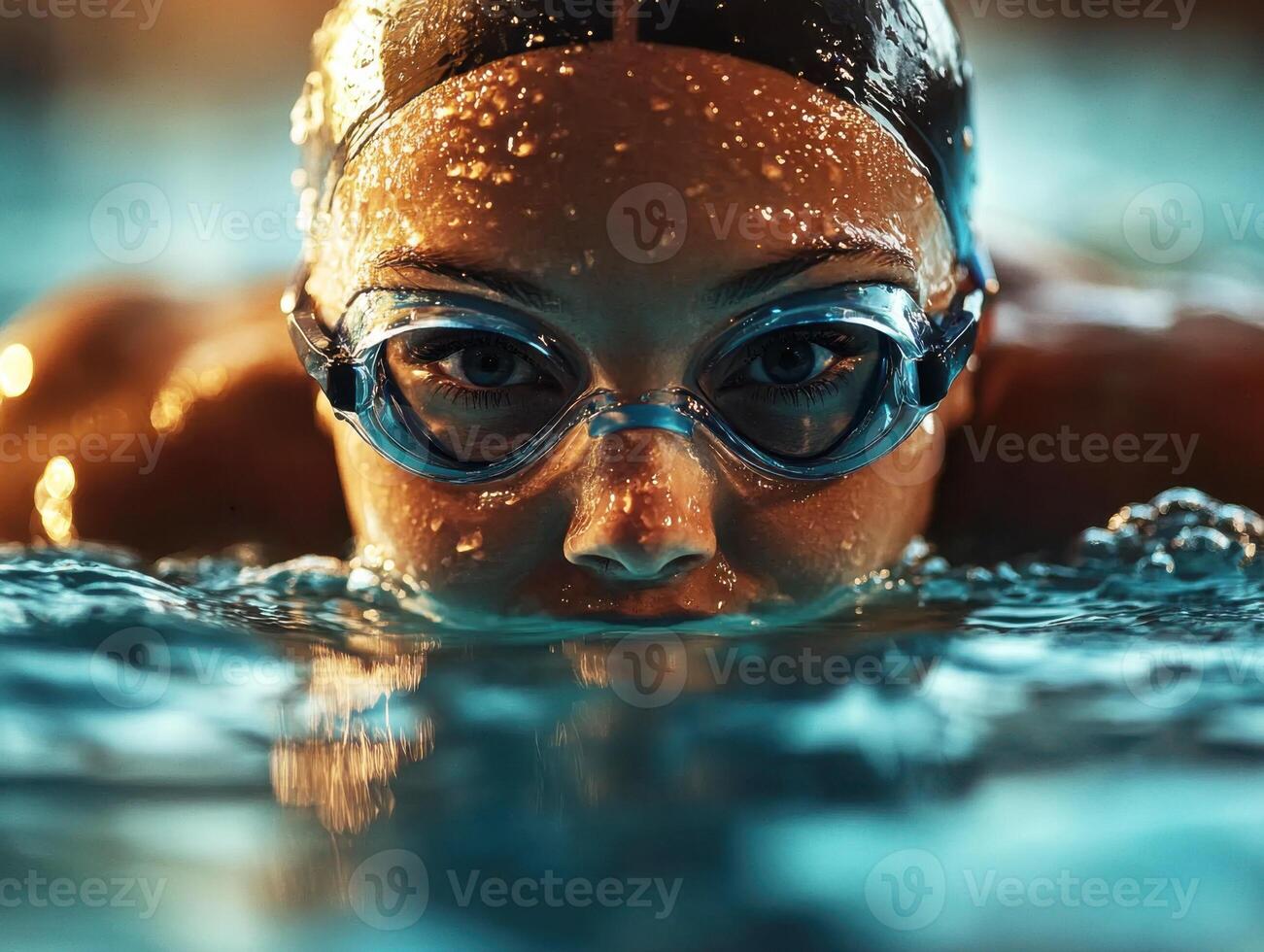 Swimmer preparing for a competition in an indoor pool filled with clear water and bright lights in the evening photo