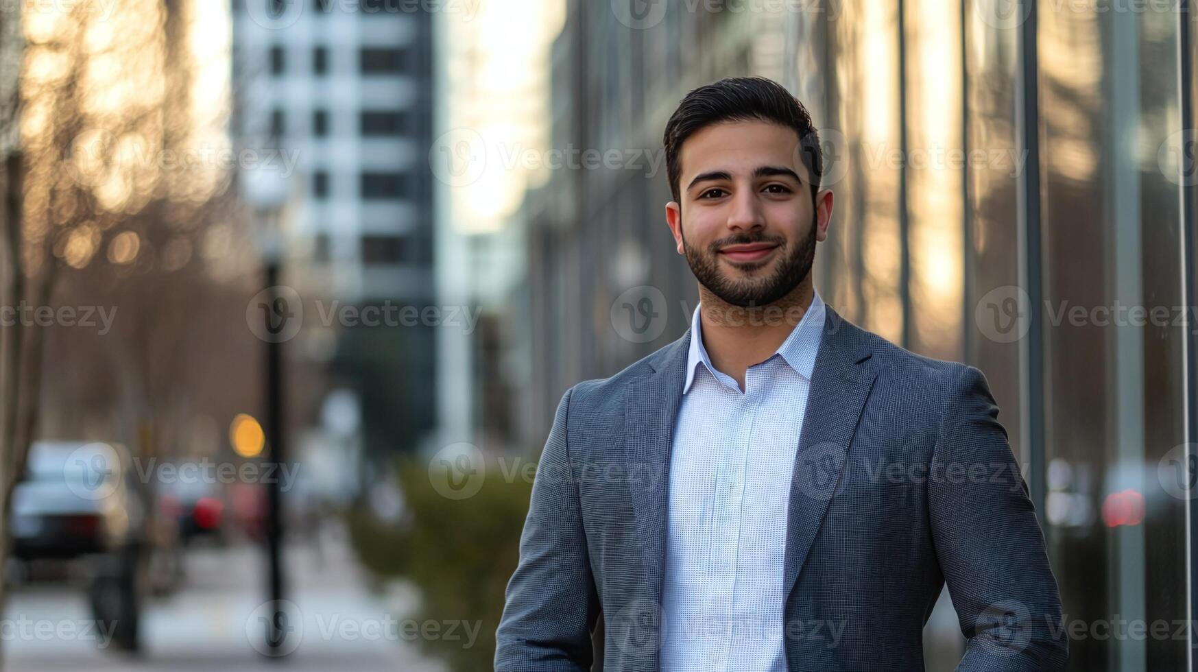 A young and confident businessman in front of office building photo