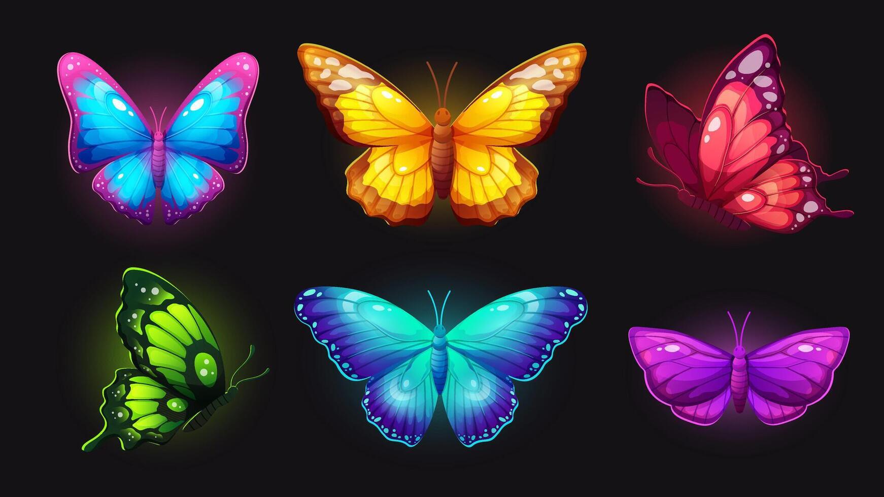 Neon butterflies set. Brightly glowing winged insects. butterfly with neon glow vector