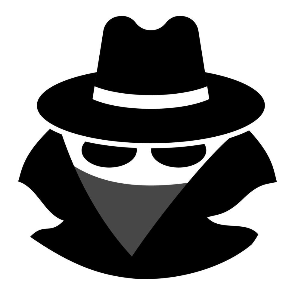 Spy wearing hat sunglasses, secret agent mysterious, incognito disguise stealth vector