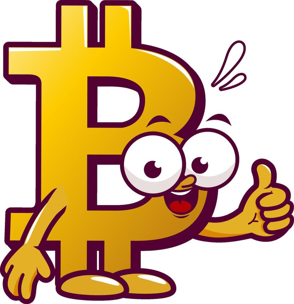 Cartoon bitcoin character doing a thumbs up gesture. Digital currency. Cryptocurrency BTC coin price illustration. Character mascot. vector