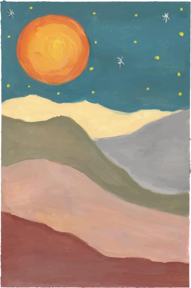 a painting of a mountain range with a sun and stars vector