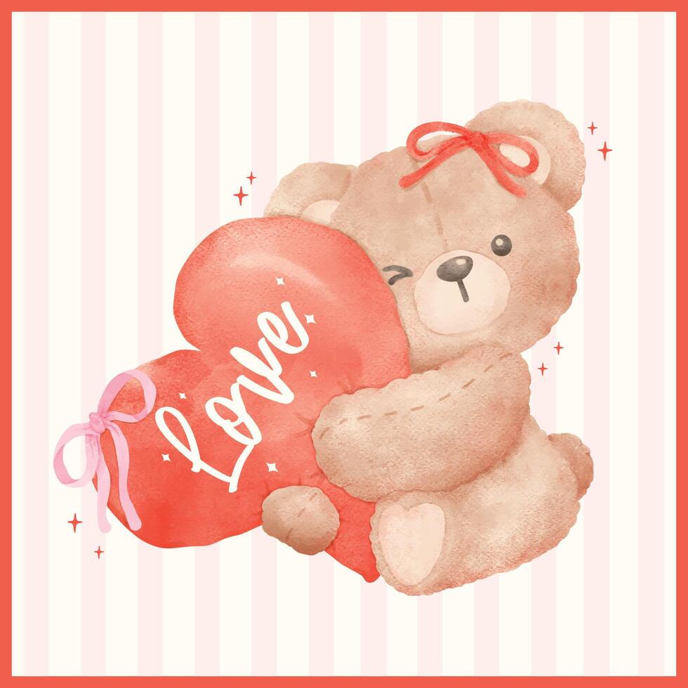 Whimsical Valentine Coquette Teddy Bear Hug Red Heart in Watercolor Hand Painted vector