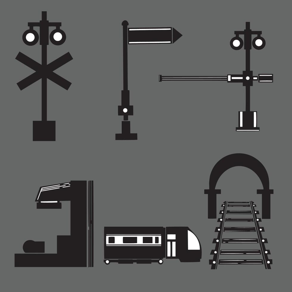 set of traffic lights and train aisle trains flat style vector