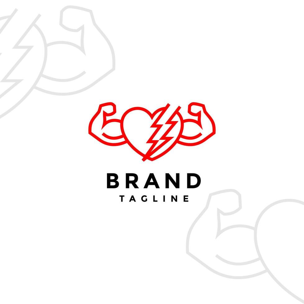 Strong Heart Broken Heart Logo Design. Strong Arm Heart Symbol With Broken Lightning Logo Design. vector