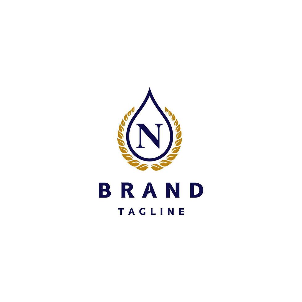 Natural Water Gold Wreath Leaves Logo Design. Letter N Nature In Water Symbol And Gold Wreath Logo Design. vector